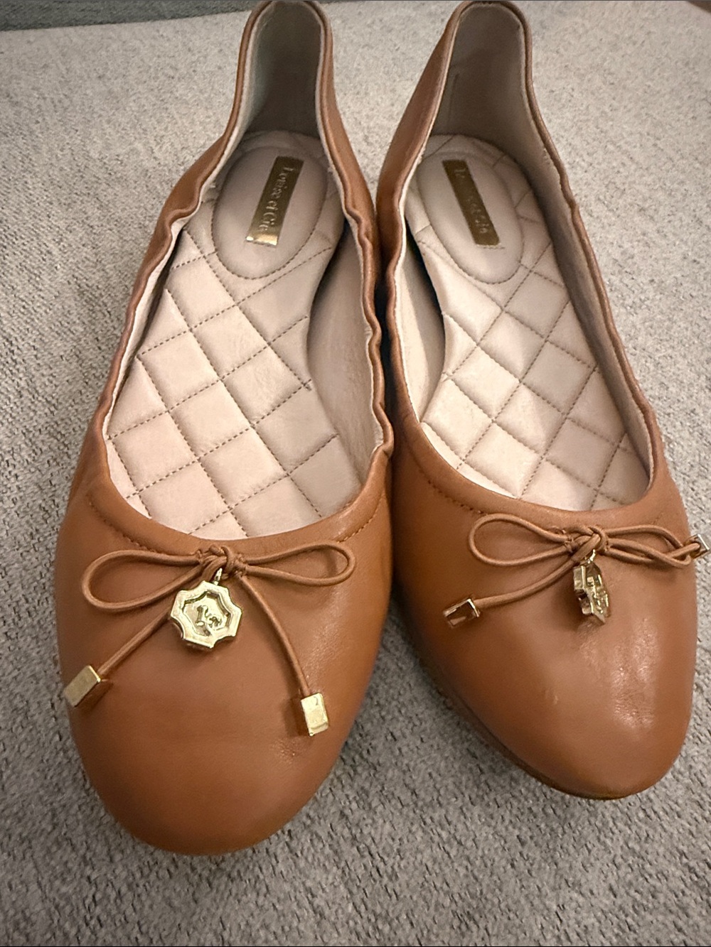 Louise et Cie Cognac Leather Ballet Flats with Gold Charm Bow